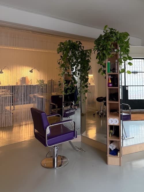 Purple salon chair facing mirrors and hanging plants at Brama Hair Studio